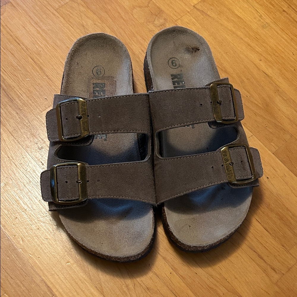 Red Stone Women's Double-Buckle Suede Slide Sandals in Taupe